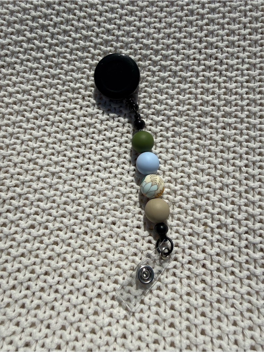 Beaded Badge Reel with Olive, Light Blue & Floral Beads